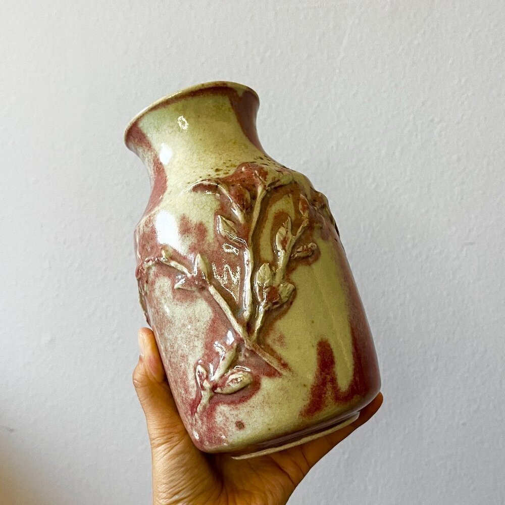 Handmade Warm Tan and Red 3D Floral Stem Embellished Studio Pottery Vase